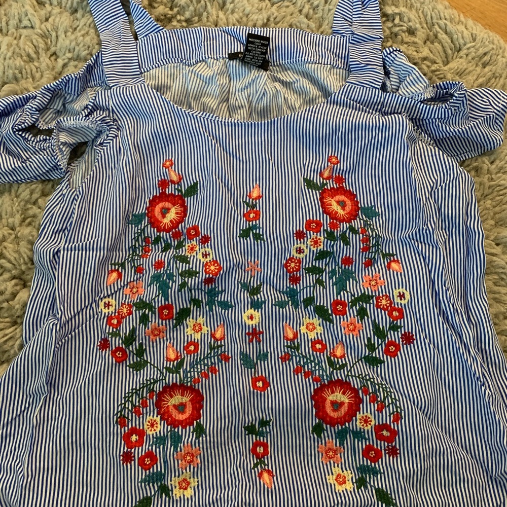 Blue striped floral cold shoulder styled shirt